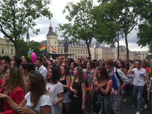 Gay pride by the Seine - more a moving party than a march.